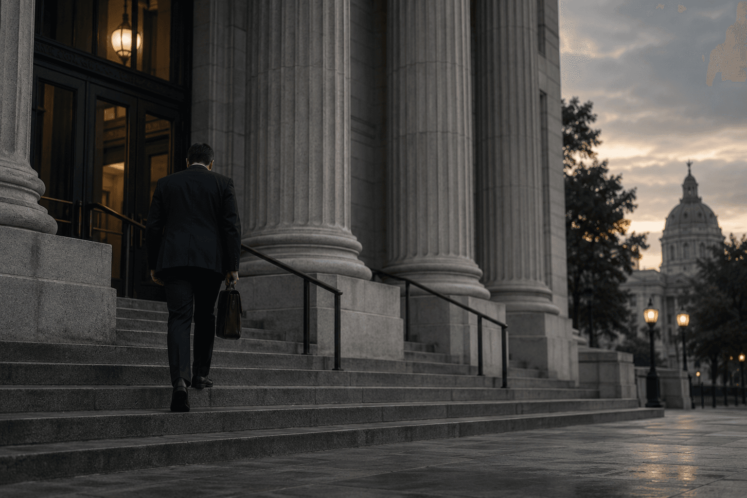 A father walking up courthouse steps